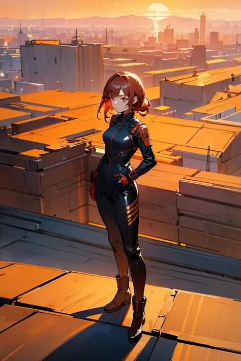 Masterpiece, 8k, a young woman with shoulder-length copper hair and golden eyes, wearing a sleek black jumpsuit with red flame patterns and combat boots. The background features a dynamic urban rooftop at sunset with dramatic cityscape views. Standing on p...