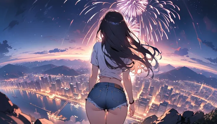 ((Highest quality))、((masterpiece))、(detailed)、(makoto shinkai)、((Anatomically correct))、(High resolution、8k)、(Beautiful Skin:1.1)、One woman、Back view、3 meters apart、whole body、(Beautiful eyes:1.2)、Overlooking the city from the top of the hill、night、Lots o...