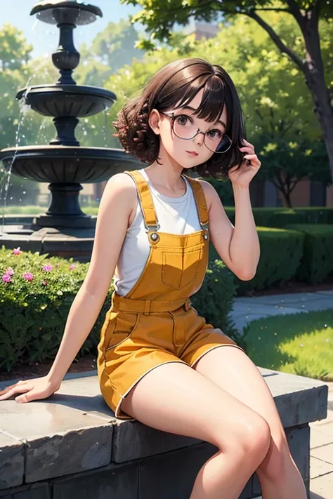 of the highest quality，masterpiece，of the highest quality，(Popart style),flat color，funny, honor student, 10 years，Glasses，short length，Curly hair, Brown hait, romantic, blunt bangs，thick eyebrows，Girl wearing an demin overalls shorts、tank top, sitting on ...