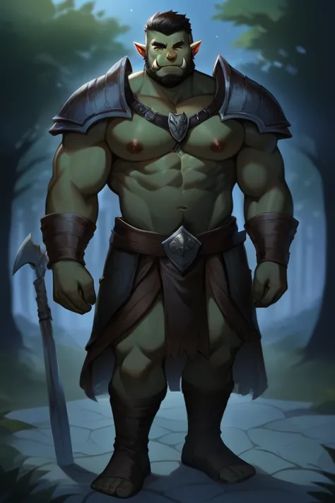 , males focus, mature males, orc,s green skin, tusks teeth, , outdoors,  looking at viewer, shoulder armor,  full body, closed mouth,atranced zonked blanked all beautiful so bokeh bulked stacked handsomeorc very cuteorc modellike male attractive muscular c...