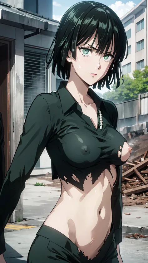 (((pixel-perfect, detail-perfect))), 独奏, 1girl, fubuki,collared dress, collarbone, necklace, looking at viewer, closed mouth、Torn clothes、NSFW、 exposed、Nipples、Large areola、Sweat、belly button、Upper body naked、blush、Embarrassing、Whiplash tracks、regrettable、...