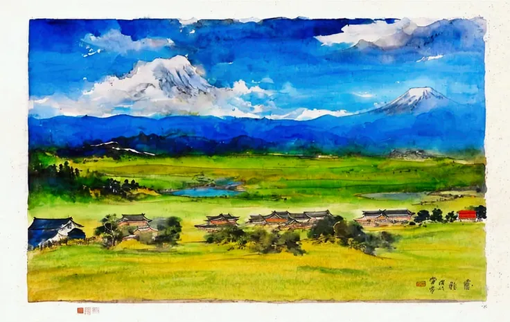 blue sky，white cloud，绿色的grassland，mountain，远mountain，grass house，grassland，river，cattle，chinese painting，ink style，4k，hd，refer t...