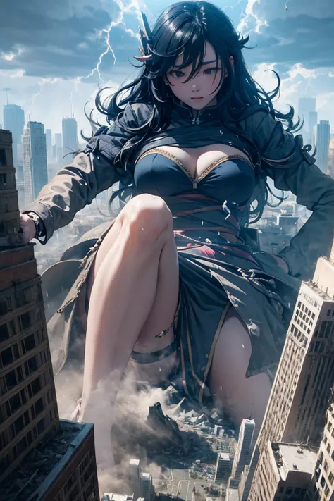 Giantess、Giantessが眠っている遠景、The end of the world、Big cities to be destroyed、ruined big city、storm、thunder、heavy rain、The fugitive々、A lot of people、Panicking crowd