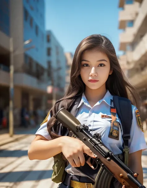 Masterpiece, beautiful 20 year old Indonesian woman in student uniform holding AK47 rifle, long hair, slim athletic body, round breast, detailed eyes, proud Indonesian female student, portrait of female student, female student portrait, beautiful female st...