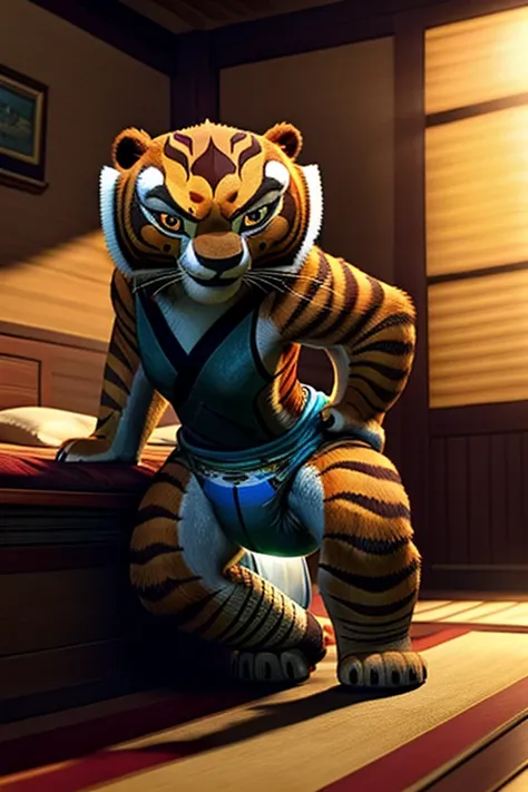 a detailed, muscular tigress from kung fu panda in a dreamworks animated style, a girl with a 3:1 hip to leg ratio wearing a dia...