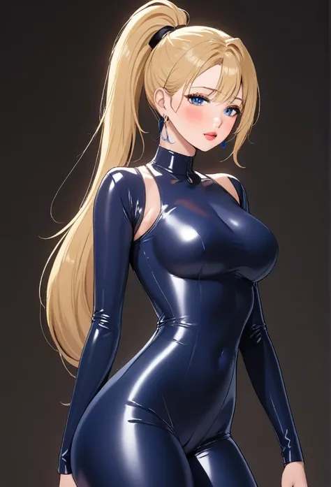 Hot sexy beautiful milf mom , hoops earrings,blonde hair,blush,blue eyes ,lipstick,full body latex suit , ponytail 