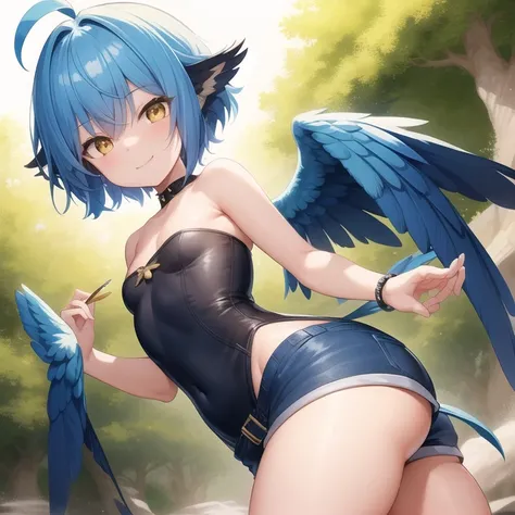 Highest quality, 4K, ((masterpiece)), Very detailed, 8k, Trending on Art Station, Complex, Attention to detail, Sharp focus,
 One girl, Ahoge, wing, monster Girl, wingのある腕, alone, Harpy, Blue Hair, blue wing, Shorts, feathered wing, Open your mouth, feathe...