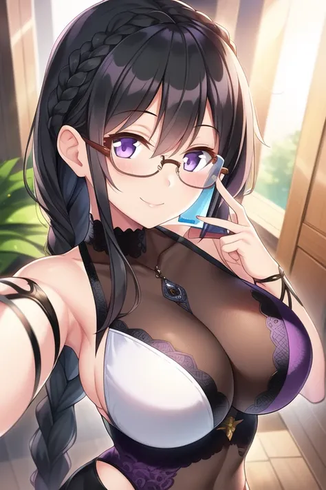 (One girl), (Black Hair:1.1), (Braiding:1.1), (Glasses), (Purple eyes), (smile), (Large Breasts), (Intricate iris detail), (Selfie)