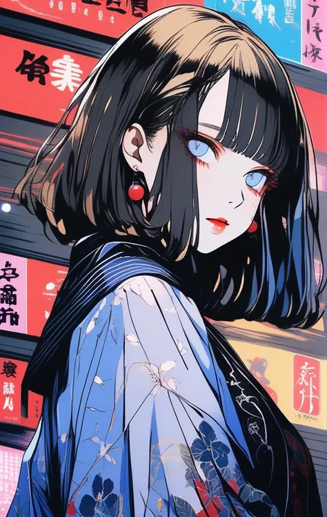 (Highest quality, sketch:1.2),Realistic,An illustrationレーター,anime,1 girl, Detailed lips, kimono,custom, Black and gold gradient background,Neon Hair,Texture Cropping, masterpiece, Style: Retro Classic, Black Style 、An illustration、art、70s horror movie post...