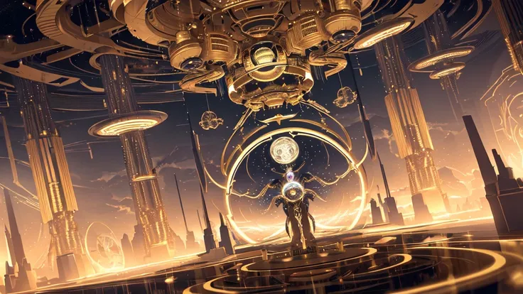 a futuristic time machine, suspended in the center of a golden, ethereal space, surrounded by swirling clouds, intricate clockwork mechanisms, glowing energy fields, advanced technology, cinematic lighting, dramatic shadows, epic sci-fi, highly detailed, 8...