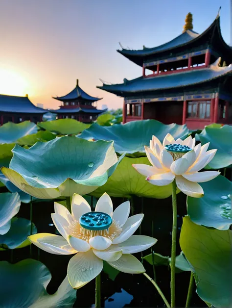 There are a lot of dew on the light white lotus，Green lotus pod，There is a Chinese building behind，There is a beautiful sunset，Real photography,Fresh and natural picture，best quality, high resolution, 16K
