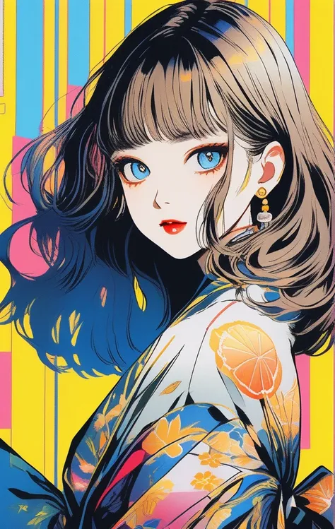 (Highest quality, sketch:1.2),Realistic,An illustrationレーター,anime,1 girl, Detailed lips, kimono,custom, Black and gold gradient background,Neon Hair,Texture Cropping, masterpiece, Style: Retro Classic, Black Style 、An illustration、art、70s horror movie post...