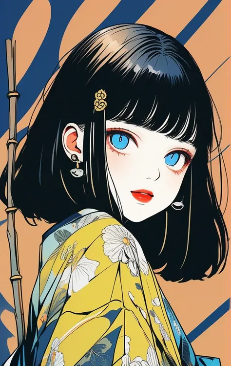 (Highest quality, sketch:1.2),Realistic,An illustrationレーター,anime,1 girl, Detailed lips, kimono,custom, Black and gold gradient background,Neon Hair,Texture Cropping, masterpiece, Style: Retro Classic, Black Style 、An illustration、art、70s horror movie post...