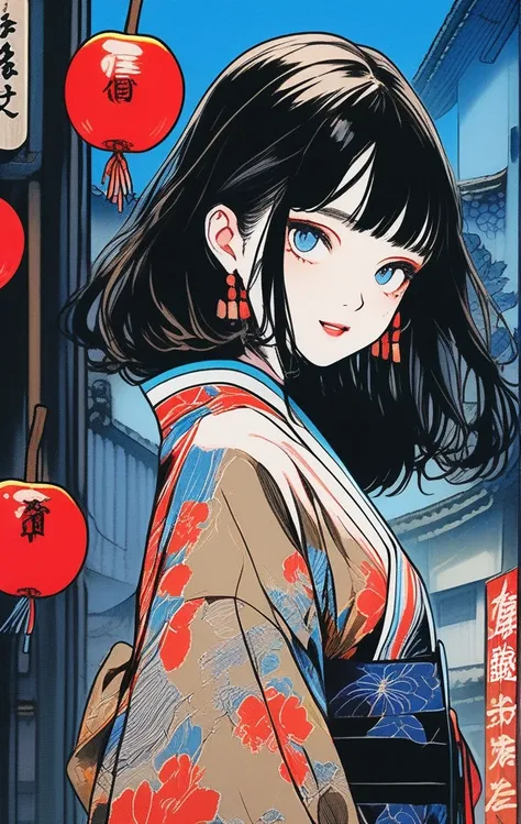 (Highest quality, sketch:1.2),Realistic,An illustrationレーター,anime,1 girl, Detailed lips, kimono,custom, Black and gold gradient background,Neon Hair,Texture Cropping, masterpiece, Style: Retro Classic, Black Style 、An illustration、art、70s horror movie post...