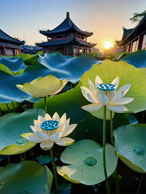 There are a lot of dew on the light white lotus，Green lotus pod，There is a Chinese building behind，There is a beautiful sunset，Real photography,Fresh and natural picture，best quality, high resolution, 16K
