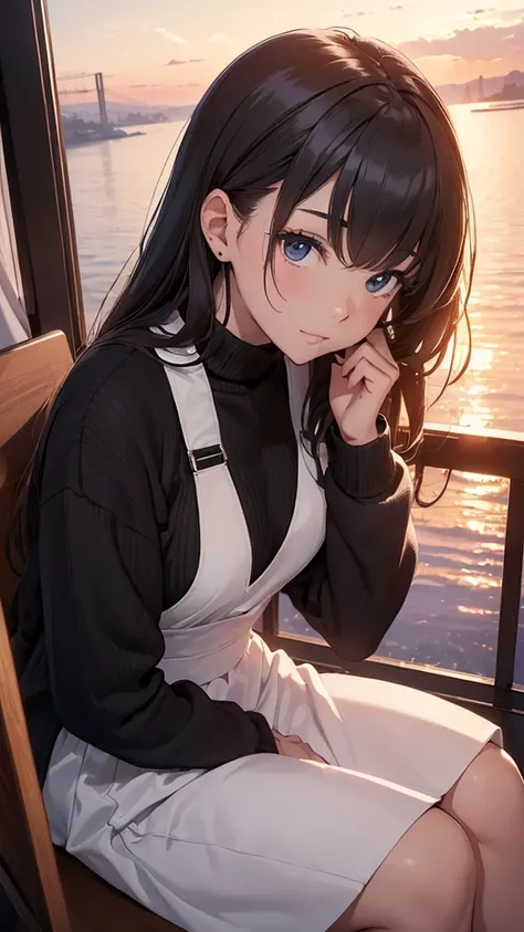 ((Best quality, 8K, masterpiece:1.3)),a man and a girl are sitting and looking at the sunset, an observation deck, a romantic setting, a sunset landscape, a man is wearing a black sweater, a girl is wearing a modest white dress.