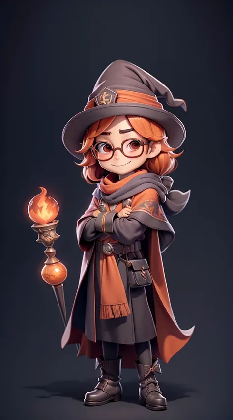 Cute boy、chibi style、Large glasses、japanese, Robe, wand, cloak, hat, pointy hat, house orange scarf, wizarding robes, house crest, dress robes, belt, boots, wizard hat, gloves, cape, wizarding accessories, brooch, enchanted accessories, magical attire, Hog...