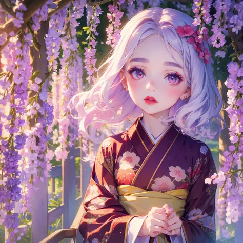 portrait of 1 girl,close face, short hair, cute big eyes, wavy hair, pale skin, makeup, red lips, sitting, kissing flowers, , kimono, hanfu, floral print, (Beautifully Aesthetic:1.2),field, wisteria, peace, tranquility, serenity, petals