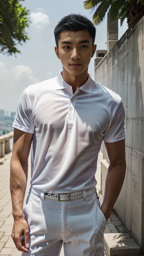 Korean guy, 18 years old, Xiao Zhan, handsome, Good shape, big muscles, black hair, Bright black eyes, Narrow eyes, Thin mouth, Height 180 cm,. The face is detailed and sharp.,. Photo taken with a Canon 50k camera.., Pinkish white skin., Asian looking face...