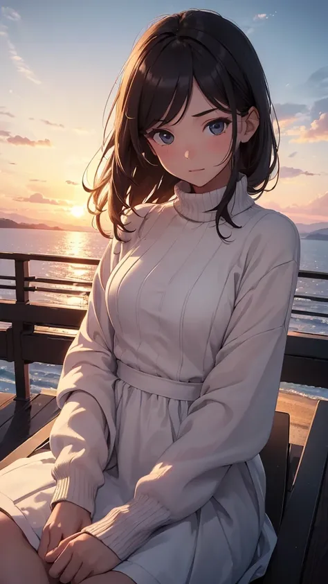 ((Best quality, 8K, masterpiece:1.3)),a Boy and a girl are sitting and looking at the sunset, an observation deck, a romantic setting, a sunset landscape, a Boy is wearing a black sweater, a girl is wearing a modest white dress.