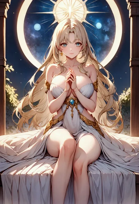 "Silver Maiden": Within a sacred sanctuary bathed in moonlight, it represents the figure of a silver goddess, looking forward and emanating a divine radiance, with leaden hair, as she looks at us. Zoom in to focus on her face, with orbs of light shining in...