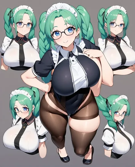 One Woman、Braided twin tails、Huge breasts、（Huge breasts：1.8)、Glasses、blue eyes、Green Hair、Cute anime face、Noise Reduction、Maid、和風Maid、Black leotard、Full body portrait、A tight leotard、Liu Erdao、Sandals、blue eyes、Black long tights、A kind smile、White kimono、T...