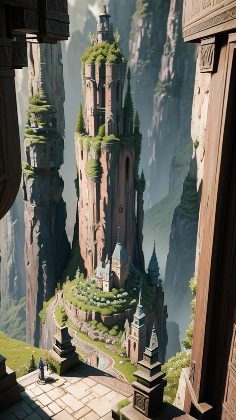 a man little  dressed as a gnome walking on the ground with a stick, wearing a yellow gnome robe, a castle sitting on top of a lush green hillside, by Michael James Smith, by Edwin Deakin, by Raphael Lacoste, fantasy matte painting，cute, beautiful render o...