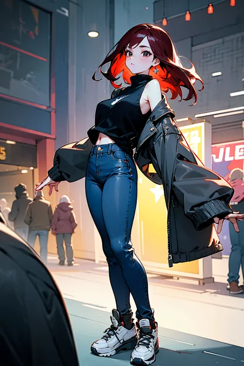 Masterpiece, 8k, a girl with straight, shoulder-length dark red hair and black eyes, in a contemporary outfit consisting of a soft grey sweater with subtle ice crystal patterns, high-waisted jeans, and white sneakers. The scene is set in a bustling street ...