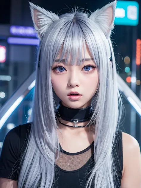 girl、biceps、Silver Hair、Cat ear、cute、cyber punk、Half Twin、Bangs、Odd Eye、Open your mouth