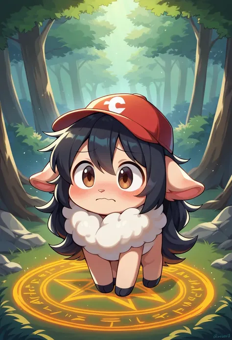 masterpiece, best quality, expressive eyes, perfect face, a man get transformed into sheep, cute, red baseball cap, solo, surpriced, blushed, nsfw, ecchi, long hair, black hair, brown eyes, full body, in a magic forest, glitter, embarrassed pose, magic cir...