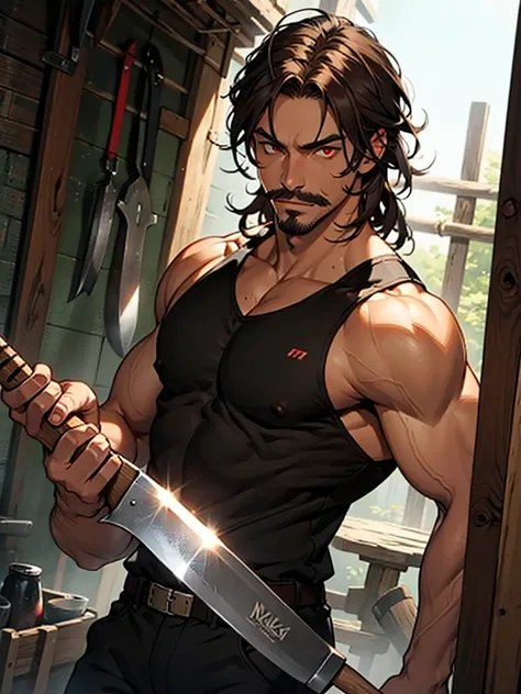 1boy, mature male, strong male, dark skinned male, long brown hair, mustache, holding an axe, red eyes