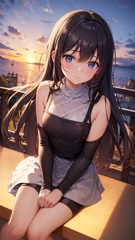 ((Best quality, 8K, masterpiece:1.3)),a Boy and a girl are sitting and looking at the sunset, an observation deck, a romantic setting, a sunset landscape, a Boy is wearing a black sweater, a girl is wearing a modest white dress. Cute Boy and Girl