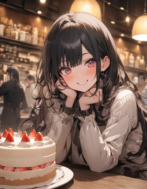 masterpiece、girl、Black Hair、Long Hair、Cat ear、smile、wearing glass,(((Big Cake)))、Focus on the face,Cafe background
