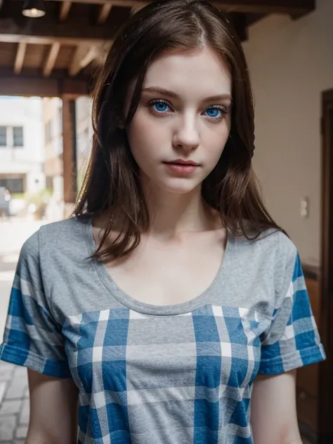 woman with blue eyes, pale skin wearing a plaid t-shirt