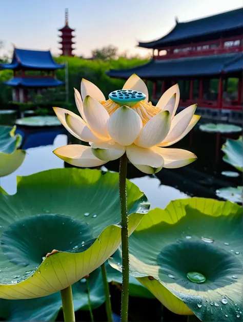 There are a lot of dew on the light white lotus，Green lotus pod，There is a Chinese building behind，There is a beautiful sunset，Real photography,Fresh and natural picture，best quality, high resolution, 16K
