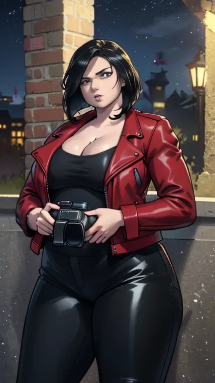 Photorealistic Image of Gorgeous 25 Years Old British Female Vampire Mercenary with Athletic Body, (Shoulder-level Bob Black Hair), (One Person), (Red Leather Jacket and Black Tight Pants:1.4), (Pale Skin:1.4), (Detailed Shiny Appearance:1.4), (Serious Fac...