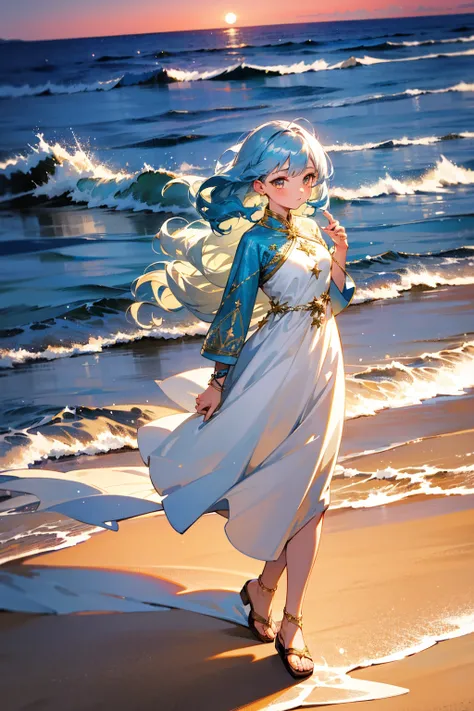 Masterpiece, 8k, a young woman with wavy, silver-blue hair and gold eyes, wearing a flowing white dress with delicate star embroidery, paired with light brown sandals. The background features a tranquil beach at dusk with soft waves and a shimmering horizo...