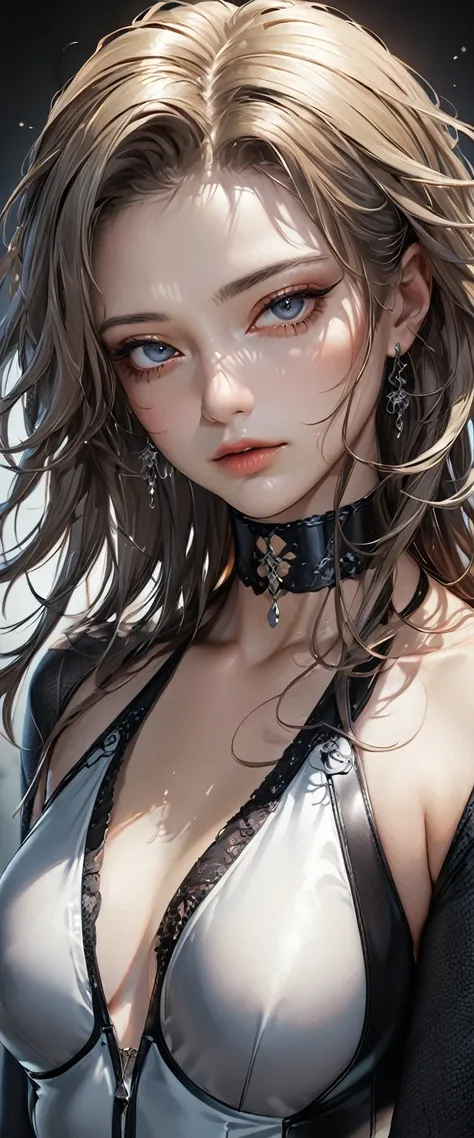 from below, beautiful woman, cool and sadistic, amorous and lewd face, looking down with a cold gaze, make-up, beautiful messy hair, great proportion, tight suits, choker, (ultra detailed, absolutely resolution, best quality:1.3), 2.5D, delicate and dynami...