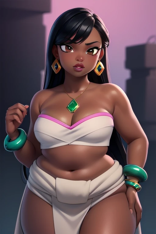 ((ultra quality)), ((masterpiece)), Chel, ((black-haired long hair)), (Beautiful face), (beautiful female lips), (), charming, ((sexy facial expression)), looks at the camera, (dark skin color), (dark skin), glare on the body, ((Detailed eyes)), ((Hazel ey...