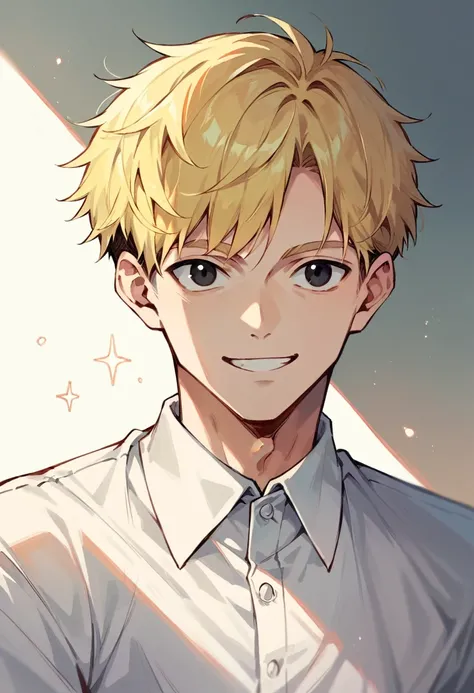 1 male,light yellow hair,pitch black eyes,half body,white shirt,short hair cut on the side,straight face,Smile confidently.,The backdrop is wild.,nature