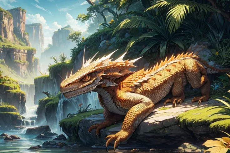 Wings:1,(best quality,realistic,ultra-detailed),dragon and bearded dragon hybrid,bearded dragon,tan and albino orange coloring,scaly texture,detailed scales,sharp claws,piercing eyes,long tail,wings sprouting from the back of the dragon,majestic posture,in...