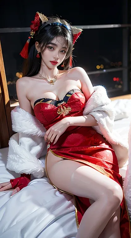 cheshire role play costume, role play, skirt, Chinese clothes, High Leg Raise, I stole a cloak, Cat ears, Hair accessories, Red high heels, ((whole body)), ((from above)), ((Satellite image)), ((Lying in bed)), Clear face, Pretty Face, 8K, masterpiece, ori...