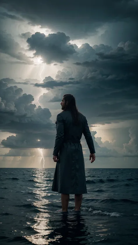 A pious man with long hair is standing on the water of the ocean with both hands raised. The sky is covered with dark clouds.back view,back view,Hyper-realistic photography, gentle soft natural backlightning, real photo,Cinematic style,realistic environmen...