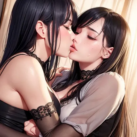 (Two-dimensional beautiful girl、best quality, masterpiece, high resolution、Two female soldiers hugging each other)、excellent、((Sweating 1.3))、(((kiss)))、((Sweat evaporates around you))、Very detailed,rich and colorful,Most detailed 、((Very detailed)), (Deta...