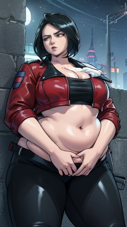 Photorealistic Image of Gorgeous 25 Years Old British Female Vampire Mercenary with Athletic Body, (Shoulder-level Bob Black Hair), (One Person), (Red Leather Jacket and Black Tight Pants:1.4), (Pale Skin:1.4), (Detailed Shiny Appearance:1.4), (Serious Fac...