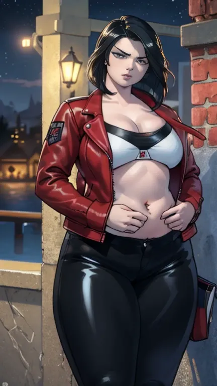 Photorealistic Image of Gorgeous 25 Years Old British Female Vampire Mercenary with Athletic Body, (Shoulder-level Bob Black Hair), (One Person), (Red Leather Jacket and Black Tight Pants:1.4), (Pale Skin:1.4), (Detailed Shiny Appearance:1.4), (Serious Fac...