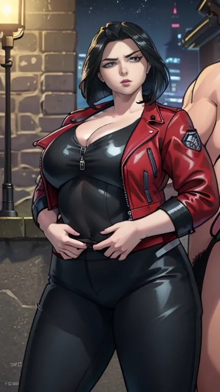 Photorealistic Image of Gorgeous 25 Years Old British Female Vampire Mercenary with Athletic Body, (Shoulder-level Bob Black Hair), (One Person), (Red Leather Jacket and Black Tight Pants:1.4), (Pale Skin:1.4), (Detailed Shiny Appearance:1.4), (Serious Fac...