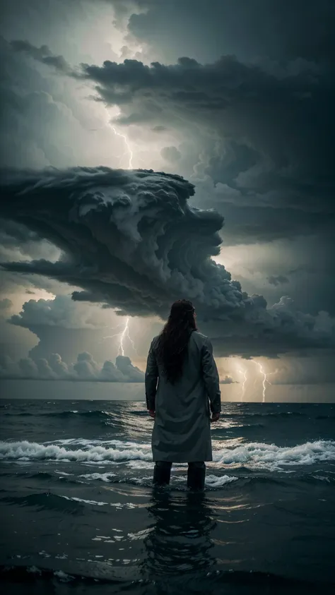 A pious man with long hair is standing with two hands raised above the water of the raging sea. The sky is covered with dark clouds.back view,back view,Hyper-realistic photography, gentle soft natural backlightning, real photo,Cinematic style,realistic env...