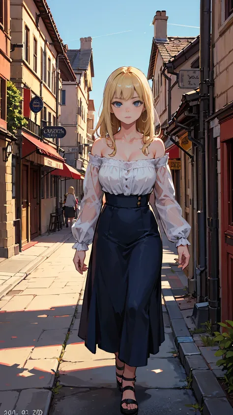 Highest quality, masterpiece, Realistic photos, Intricate details, RAW Photos, Super detailed, old fashioned young woman, Wearing a peasant dress, No neckline, Blonde, Perfect details and blue eyes, Walking around the old town, HD quality, 8k, young woman,...