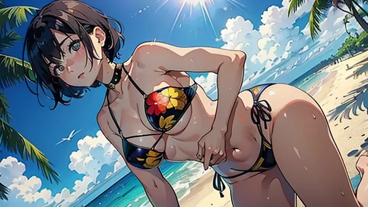 ((Highest quality, masterpiece, High resolution))、Beautiful Japanese Women、((Real anime art))、 ((1 girl))、 Normal size breasts、Slim figure、Medium Short Hair、double eyelid、Wet see-through bikini、A pareo with bold ethnic patterns and plenty of primary colors...